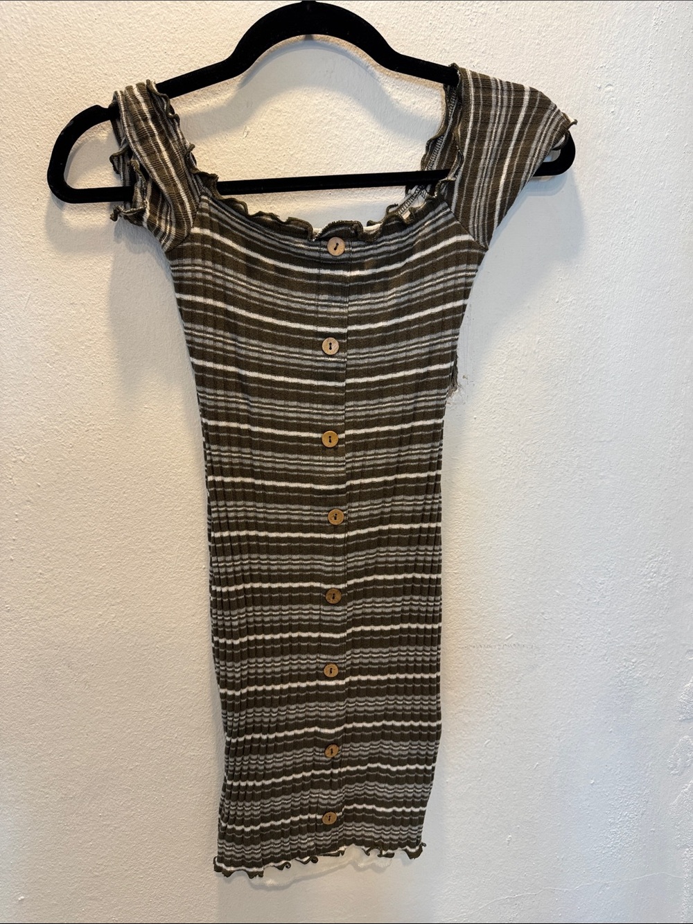 Fashion Nova Olive Green and White Striped Button-Up Mini Dress